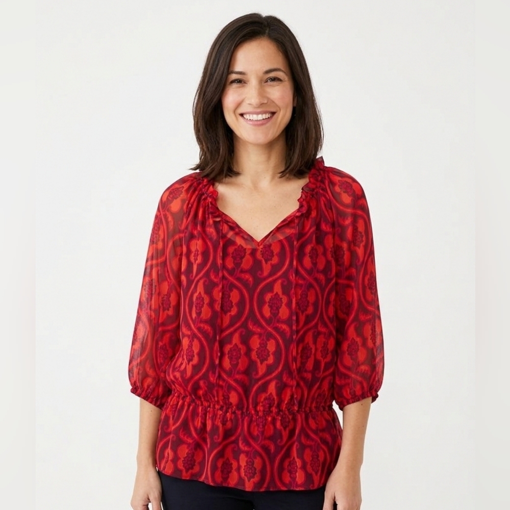 LOFT Red & Magenta Damask Paisley Sheer Ruffle Blouse XS